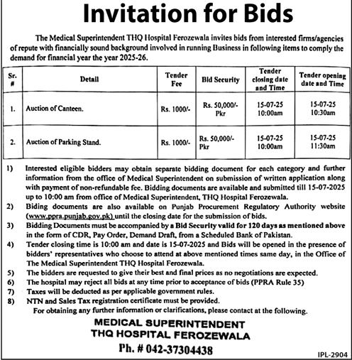 THQ Hospital Ferozewala Tender Notice